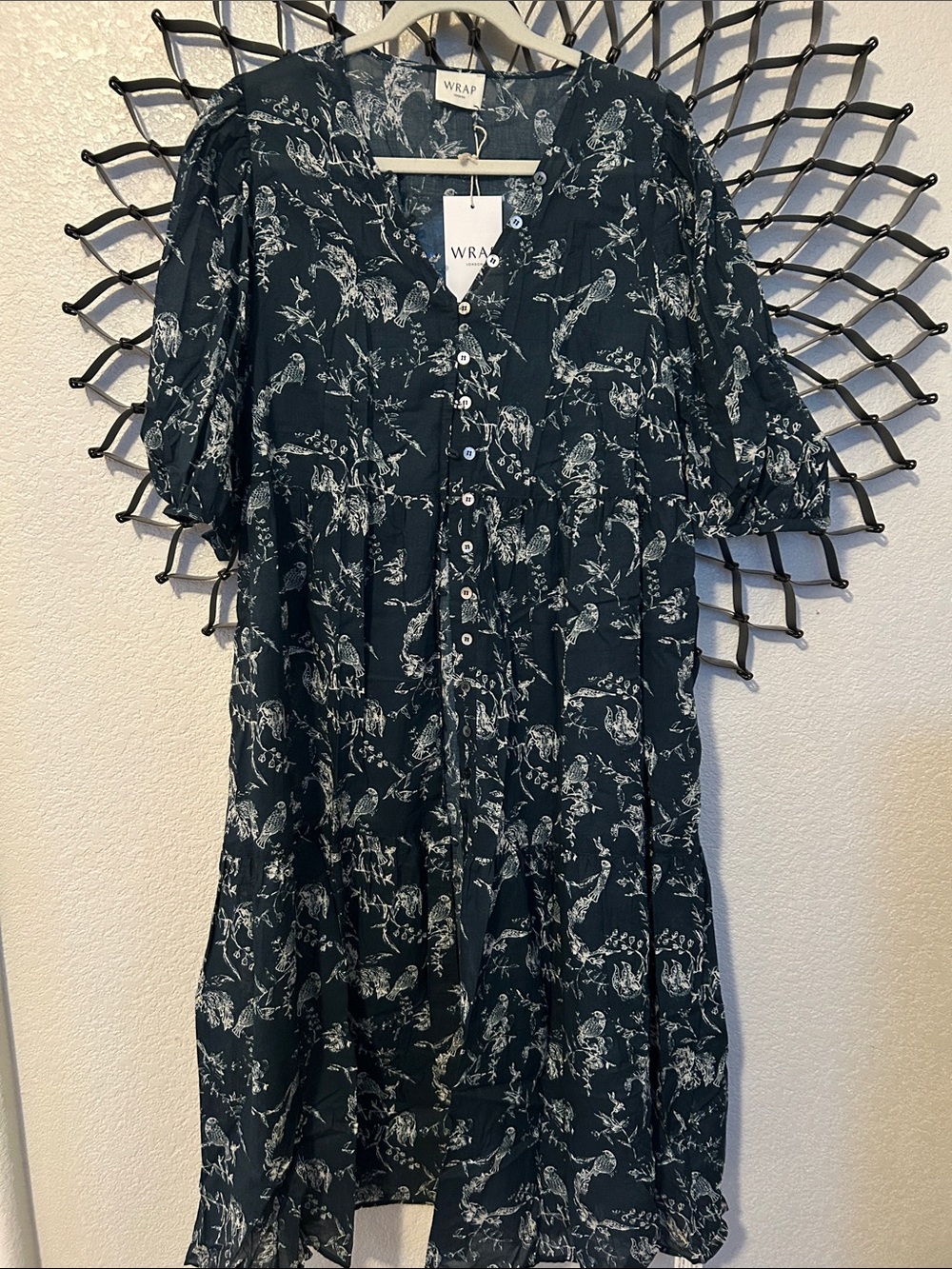 Wrap London Black Maxi Dress with White Botanical & Bird Motif